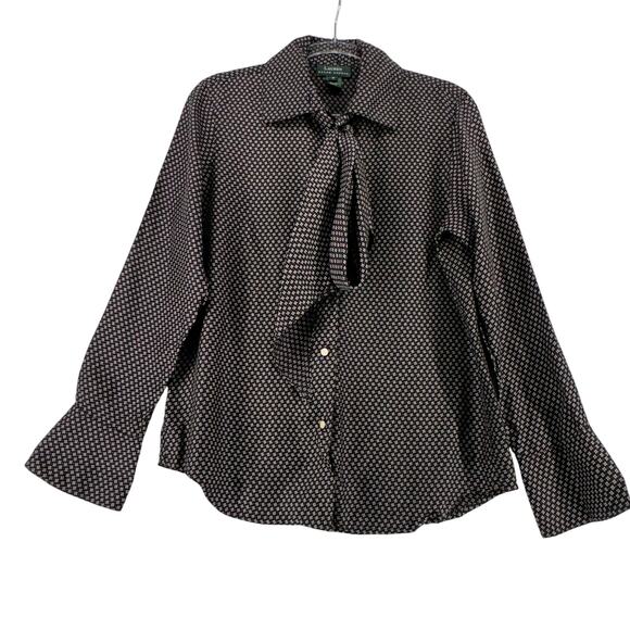 Lauren Ralph Lauren 100% Silk Blouse Black White Geometric Print Belted M - Picture 2 of 8